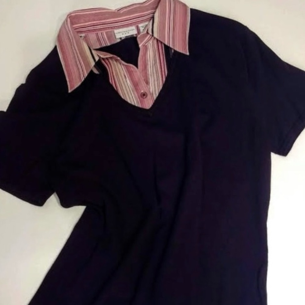 Burgundy Striped Shirt Sweater Combo Top - Picture 1 of 4